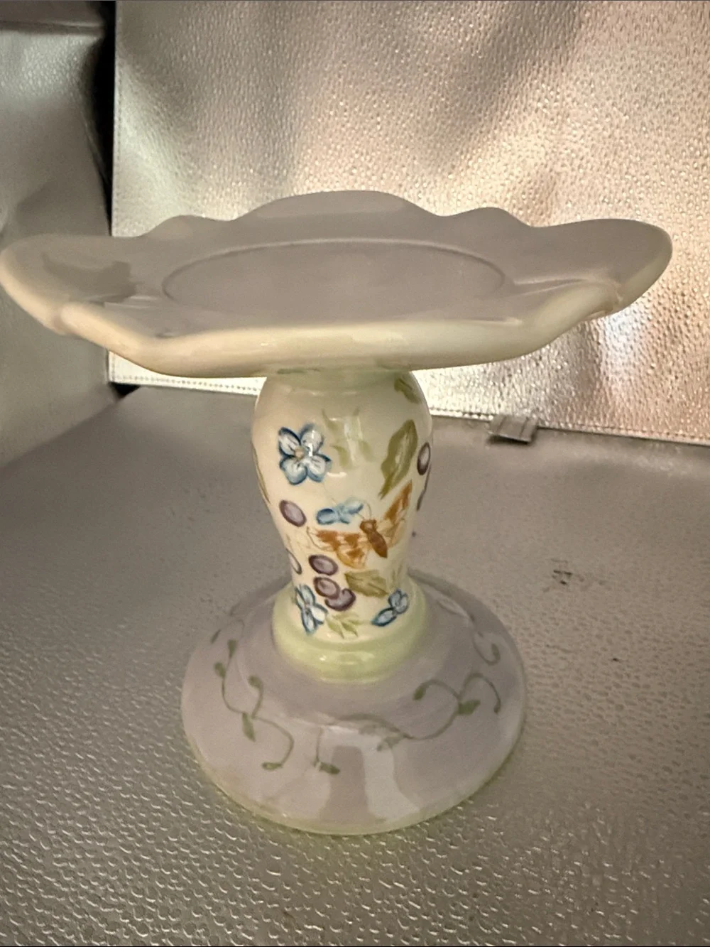 Hand-Painted Floral Ceramic Pillar Candle Holder in Soft Pastels